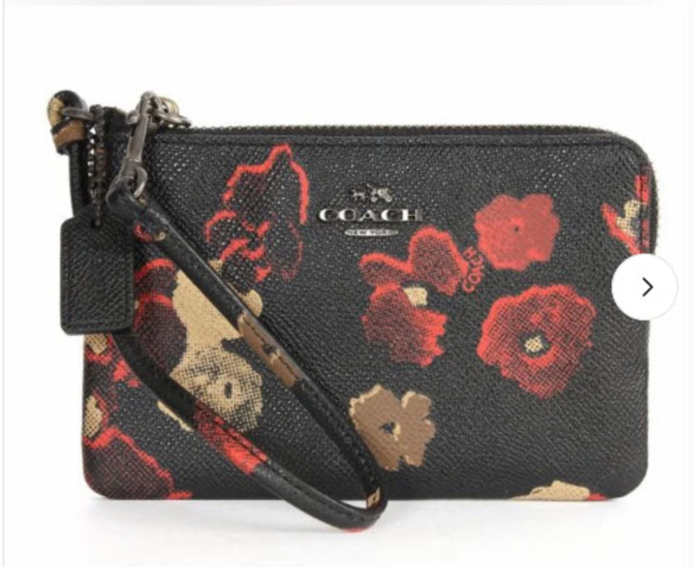 Coach Black Floral Zip Wristlet with Floral Red and Tan Accents